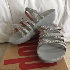 FitFlop Silver Linny Crystal Leather Slide-Women 8